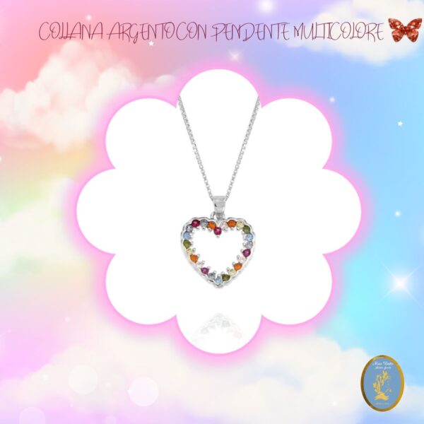 Collana pendente cuore traforato con zirconi multicolore – rodiato  / Openwork heart pendant necklace with multicolored zircons – rhodium plated – 925 silver