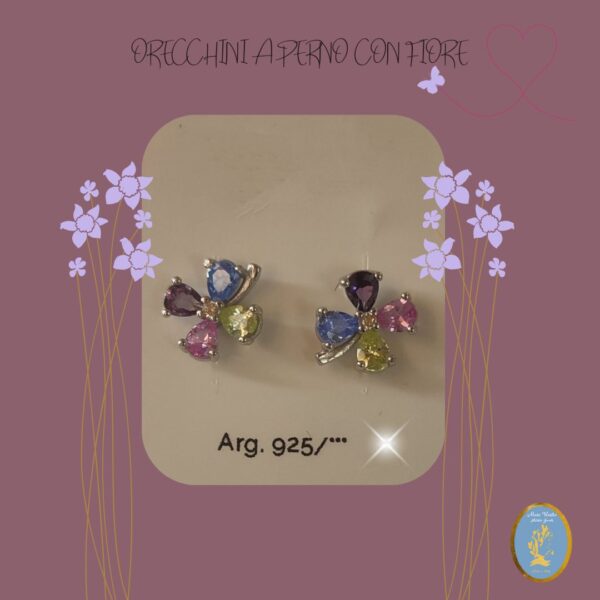 Orecchini fiore con zirconi multicolore arg.925 – rodiato \ Flower earrings with multicolored zircons arg 925