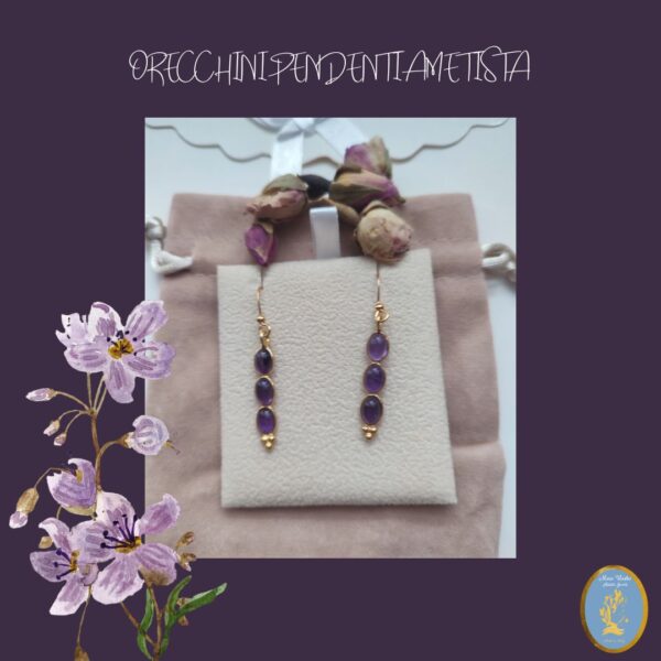 Orecchini pendenti ametista \ Pendant earrings length 32×6 mm with 3 semi-precious stones gold plated fine gold – Amethyst 