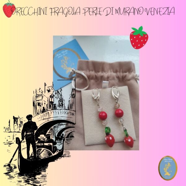 Orecchini pendenti fragola con perle di Murano Venezia \  Silver wire pendant earrings, handmade, with Murano pearls (Venice)