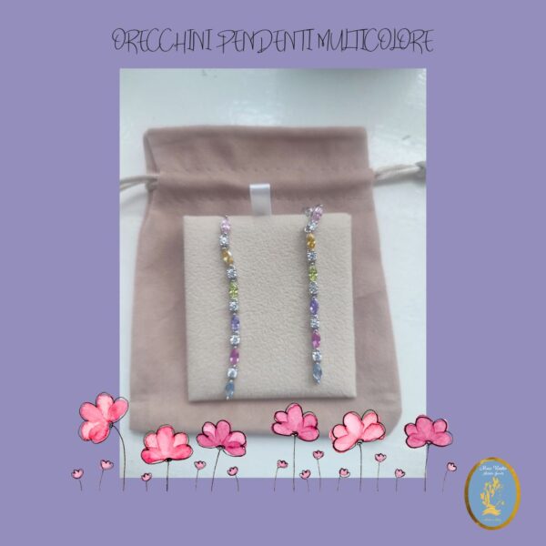 Orecchini con zirconi pendenti multicolore – rodiato \ Earrings with multicolored pendant zircons – rhodium plated