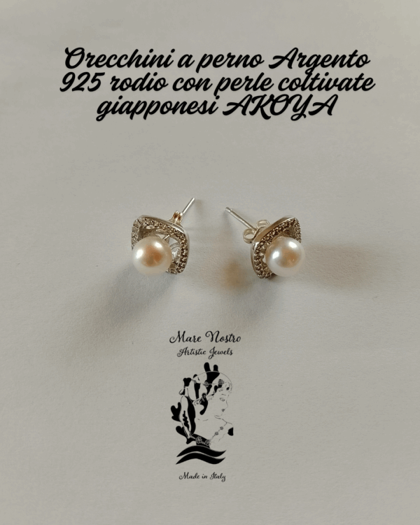 Orecchini  a perno quadrati zirconi cubici & Argento 925 rodio con perle coltivate giapponesi AKOYA / Cubic Zirconia Square Stud Earrings & 925 Rhodium Silver with AKOYA Japanese Cultured Pearls