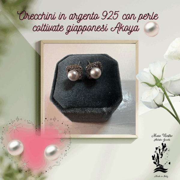 Orecchini  a perno quadrati zirconi cubici & Argento 925 rodio con perle coltivate giapponesi AKOYA / Cubic Zirconia Square Stud Earrings & 925 Rhodium Silver with AKOYA Japanese Cultured Pearls