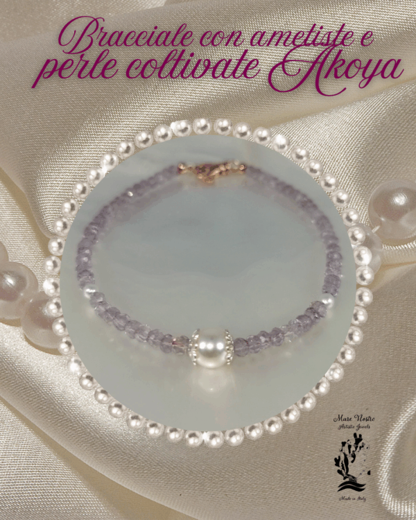 Bracciale corto Akoya Ø 3 a 7 mm e pietre di ametista fini / Short bracelet Akoya Ø 3 to 7 mm and fine amethyst stones