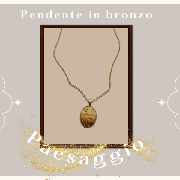 Pendente in bronzo con collana con paesaggio di montagna / Bronze pendant with necklace with mountain landscape
