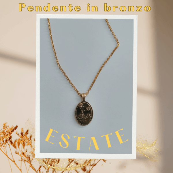 Pendente in bronzo con collana con paesaggio di mare  / Bronze pendant with sea landscape necklace with small pink zirconia