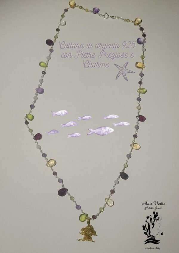 Collana in argento 925 con pietre preziose e charme / 925 silver necklace with precious stones and charm