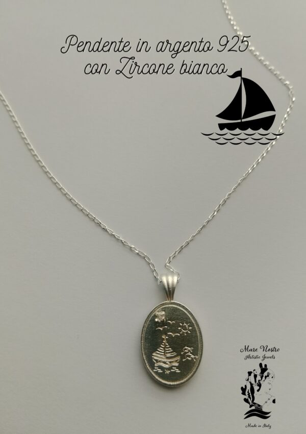 Pendente in argento 925 con collana con paesaggio di mare con piccolo zircone bianco  / Silver 925 pendant with sea landscape necklace with small white zirconia
