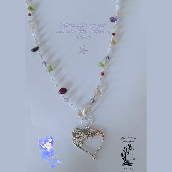 Collana in filo d’argento 925 con pietre preziose e charm ” Sirena del mare ”  /  925 Silver Wire Necklace with Gemstones and Pendant
