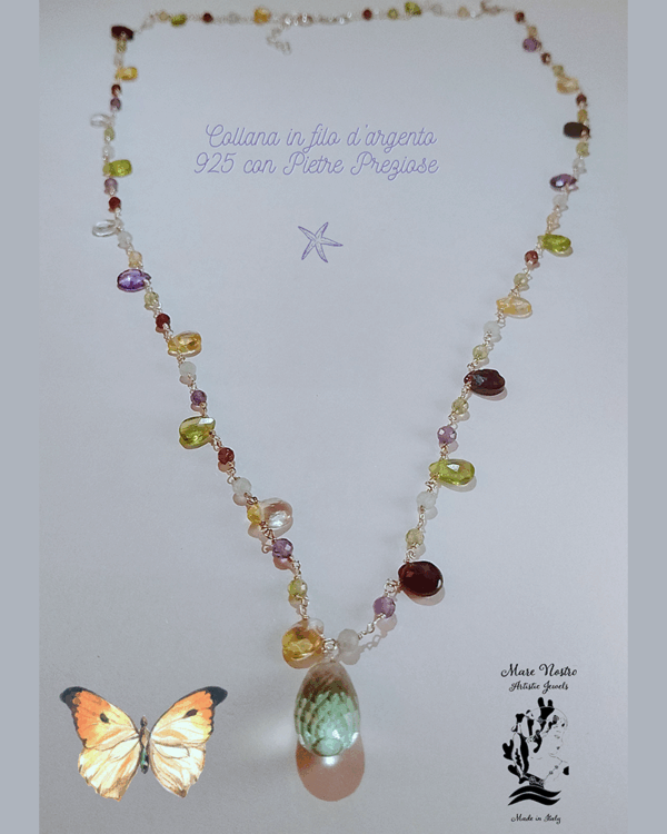Collana in filo d’argento 925 con pietre preziose e Prasiolite / 925 Silver Wire Necklace with Gemstones and Pendant